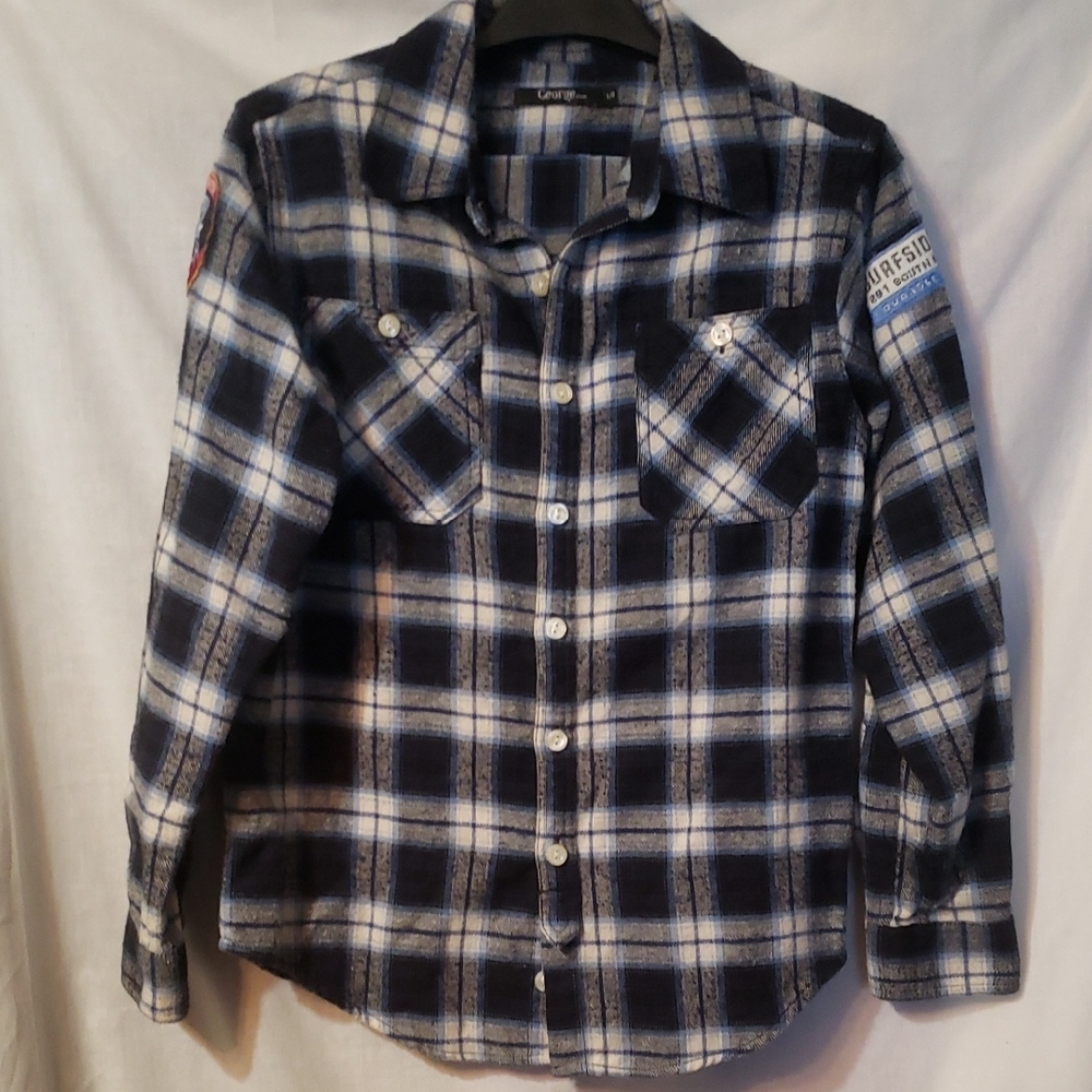 George Navy & White Plaid Button-Up Flannel Shirt
